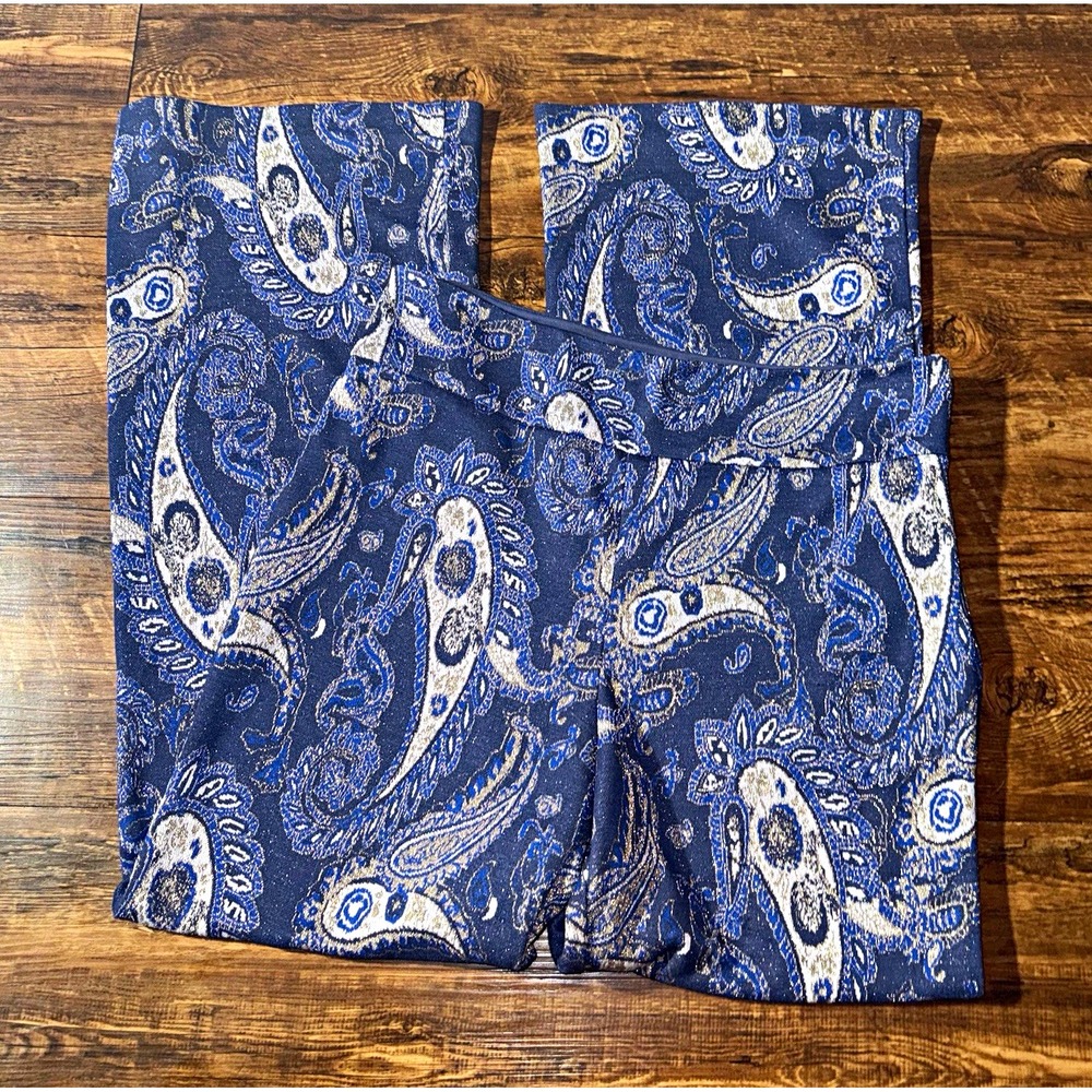 Maeve Blue & White Paisley Metallic Knit Stretch Dress Pants Women's 14
